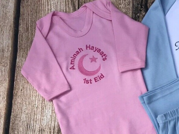 Embroidered Personalised 1st First Eid / Bib / sleepsuit / babygrow / pyjamas