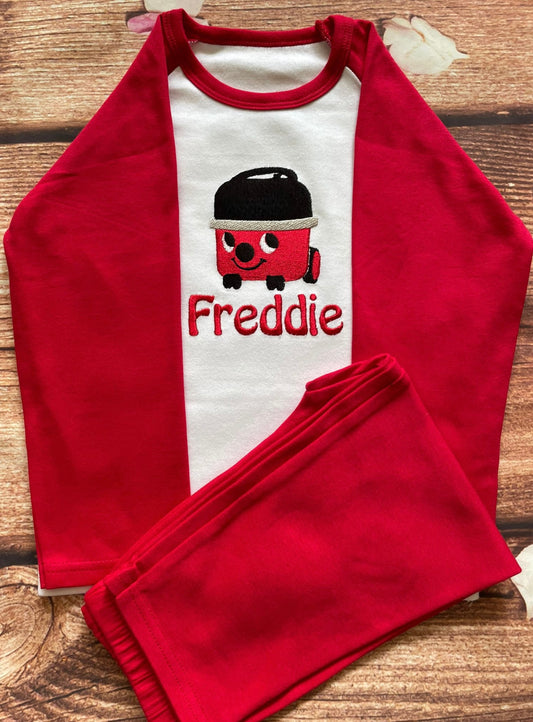 Personalised Pyjamas, embroidered with name & red hoover design. Gift, keepsake, high quality, soft, PJ's