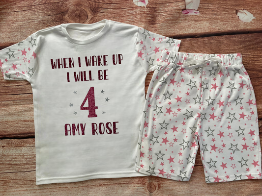Birthday Sparkly Personalised Pyjamas, keepsake, Gift PJ, Shorts & T-shirt design
