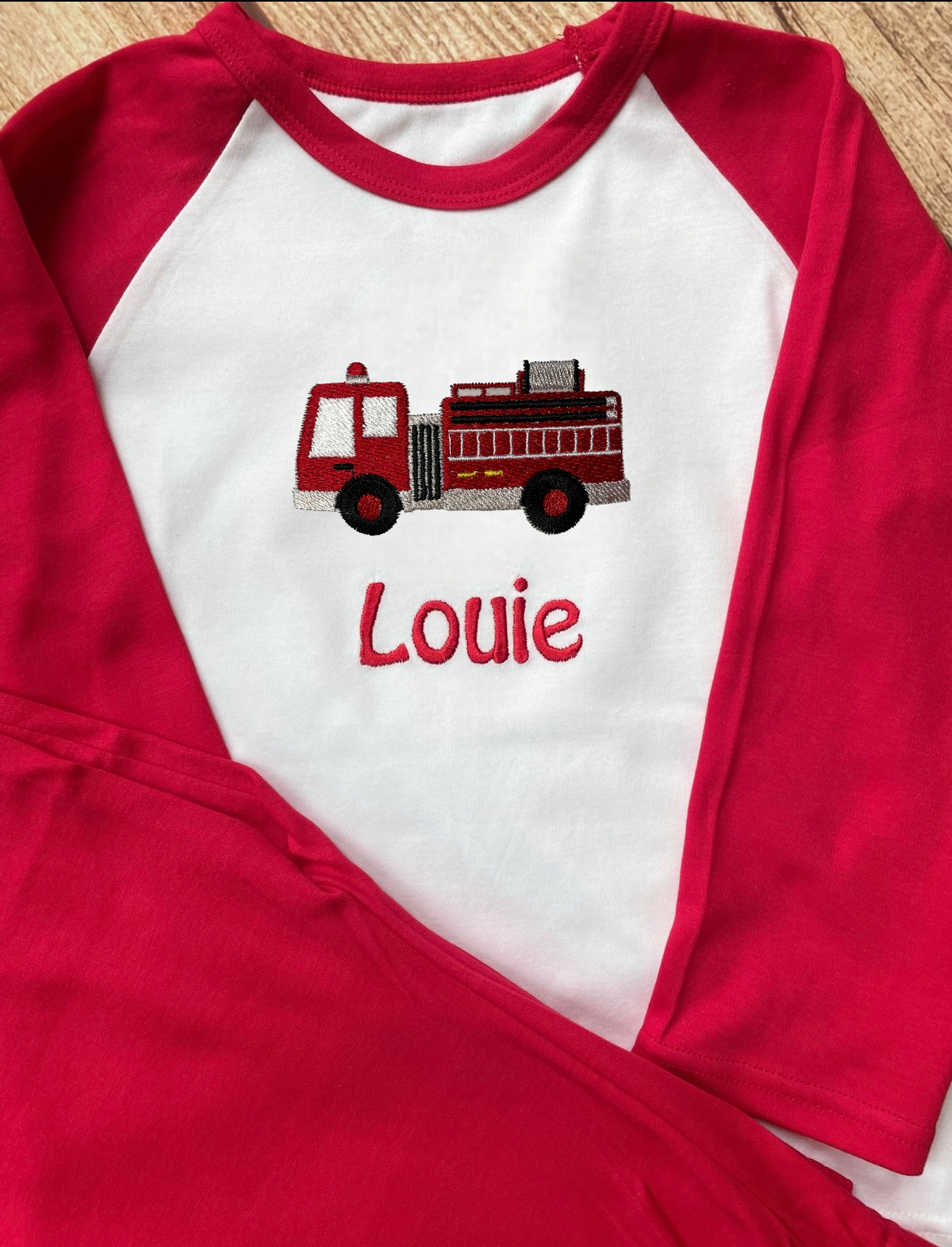 Personalised Pyjamas, embroidered with name & choice of transport design. Gift, keepsake, high quality, soft, PJ's