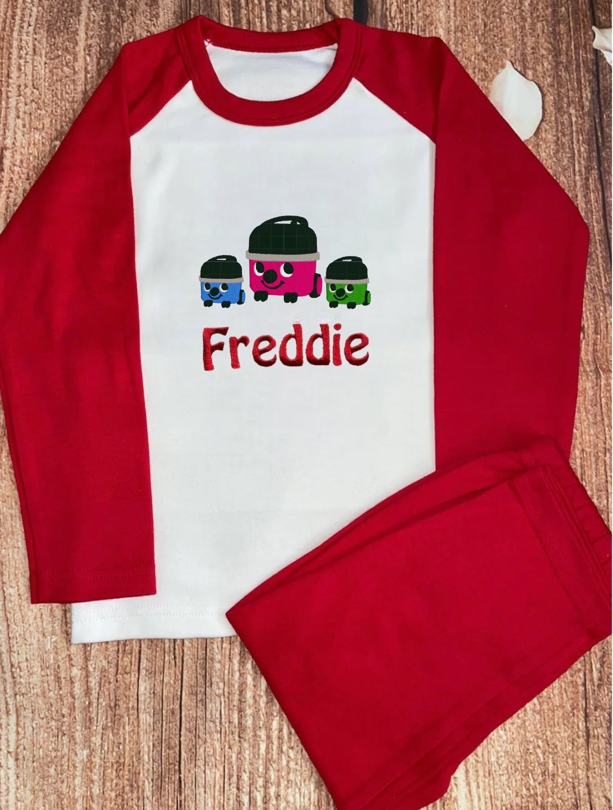 Personalised Pyjamas, embroidered with name & Henry hoover & friends design. Gift, keepsake, high quality, soft, PJ's