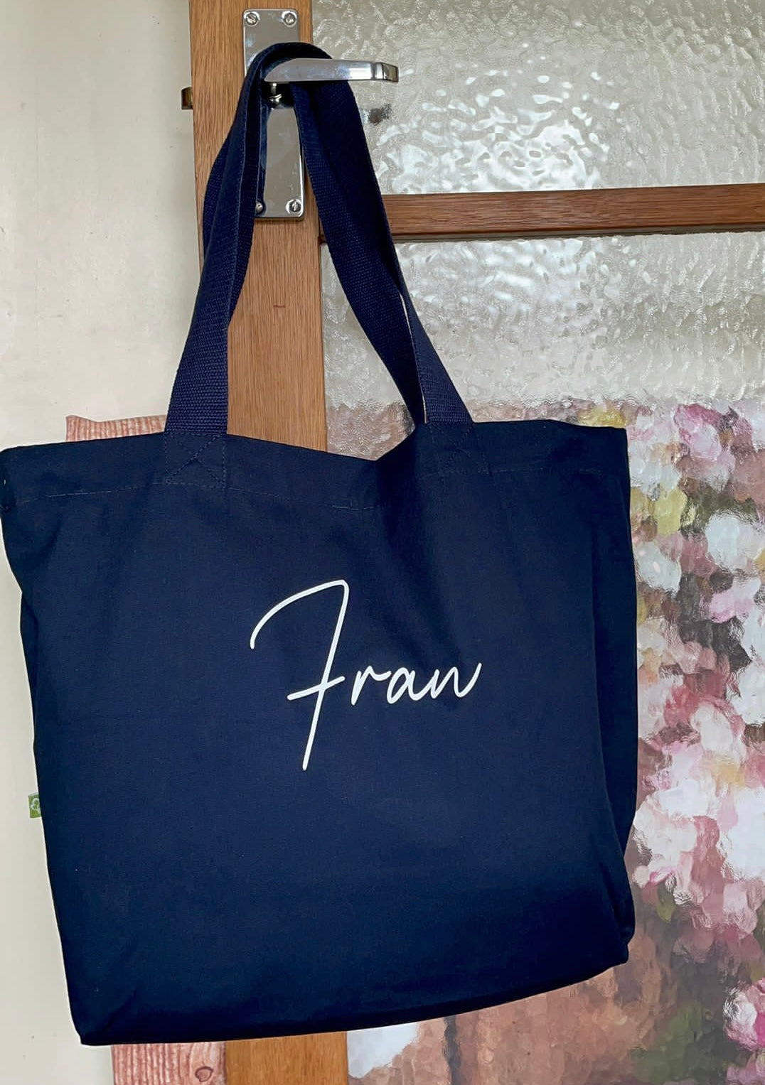 Canvas tote bag, personalised with name. Ideal gift / beach bag