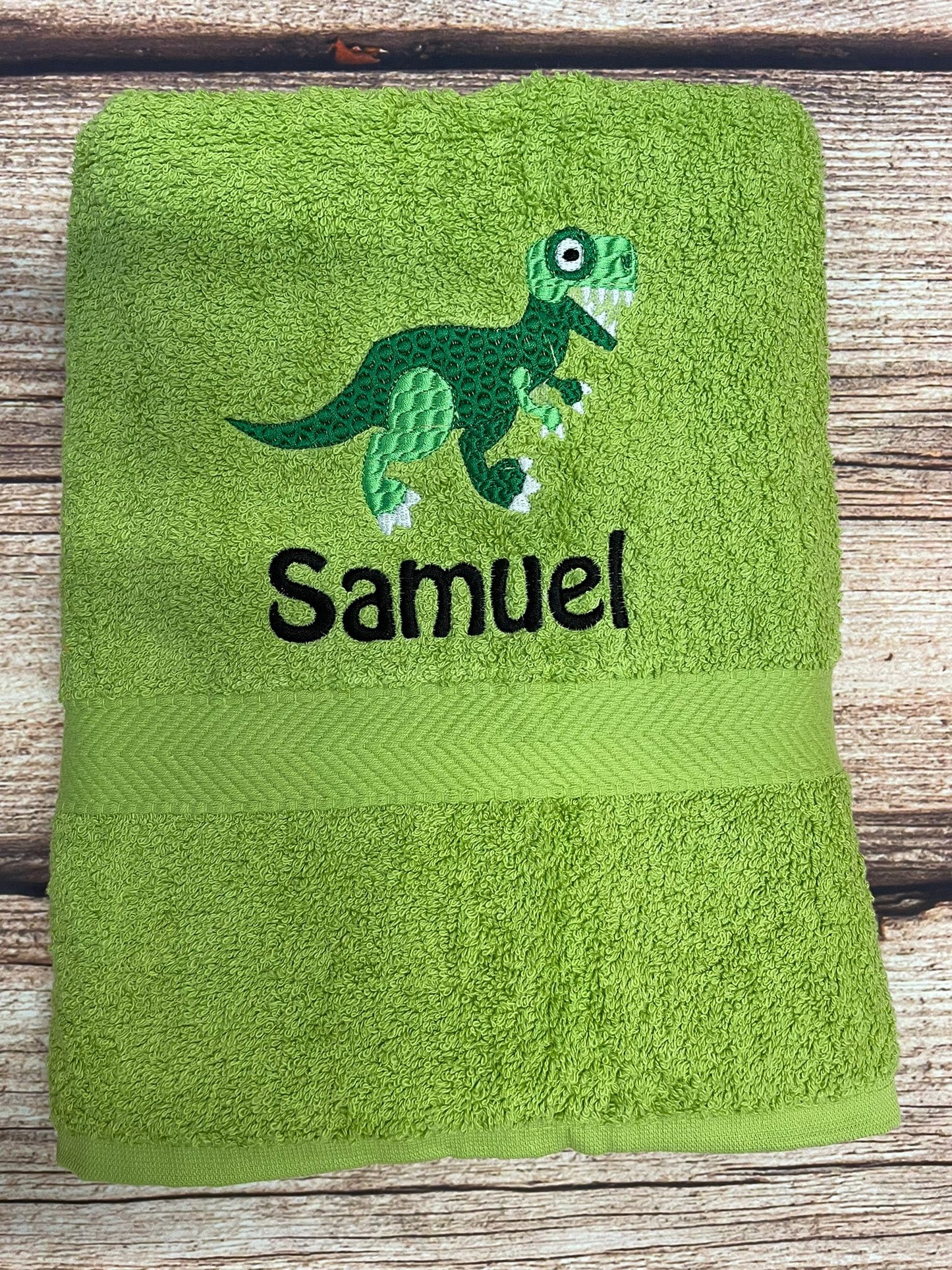 Embroidered personalised swimming or sports towel. Ideal gift // Dinosaur