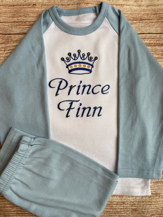 Personalised Embroidered 100% Cotton Prince Pyjamas - Blue. Christmas Present/Gift