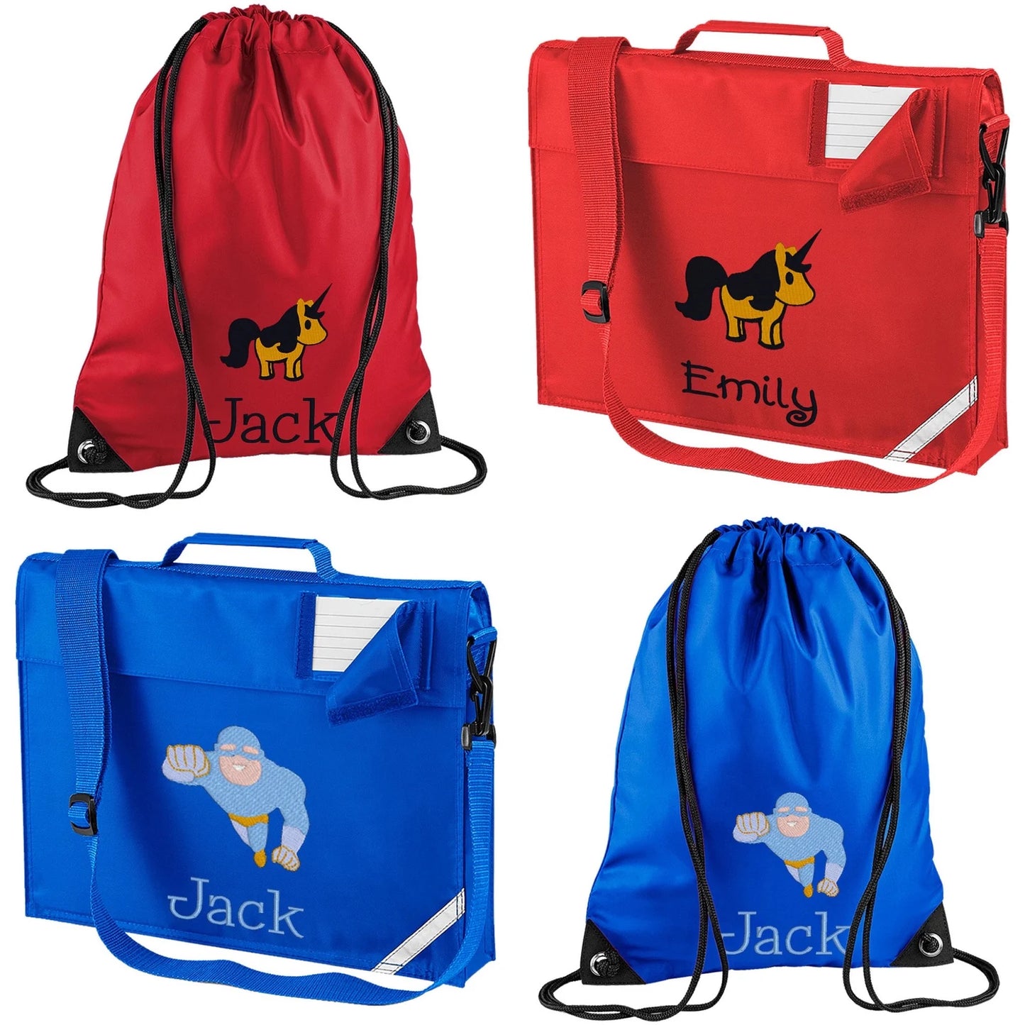 Set - matching book bag and pe bag for school. Personalised with name and motif.