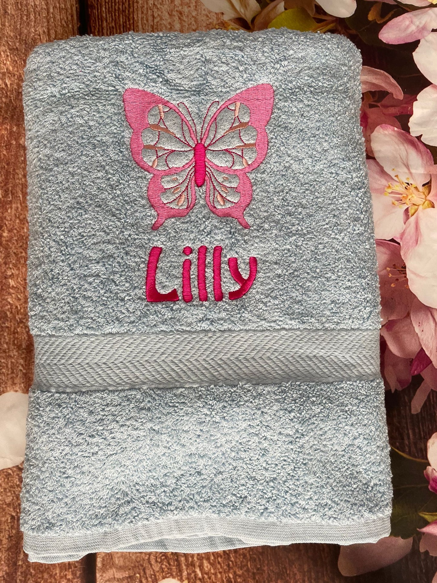 Embroidered personalised swimming or sports towel. Ideal gift // butterfly
